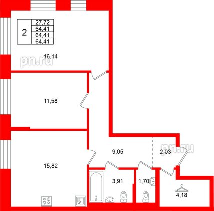 Квартира в ЖК Кольские огни, 2 комнатная, 64.41 м², 9 этаж