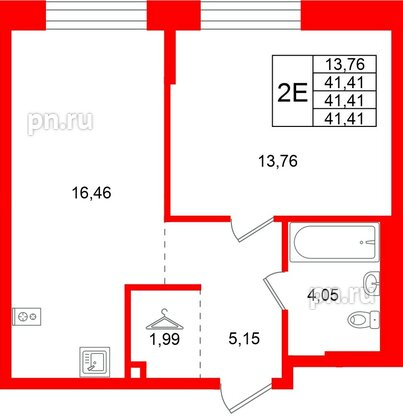 Квартира в ЖК Кольские огни, 1 комнатная, 41.41 м², 12 этаж