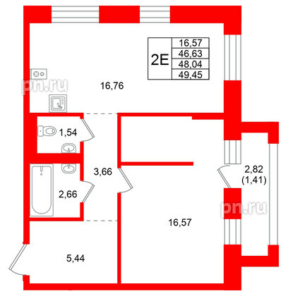 Квартира в ЖК Кольские огни, 1 комнатная, 48.04 м², 8 этаж