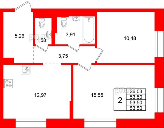 Квартира в ЖК Кольские огни, 2 комнатная, 53.5 м², 5 этаж