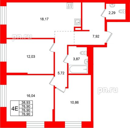 Квартира в ЖК Кольские огни, 3 комнатная, 76.9 м², 5 этаж