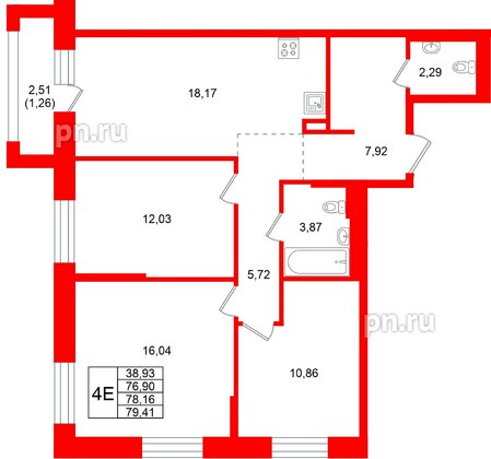 Квартира в ЖК Кольские огни, 3 комнатная, 78.16 м², 12 этаж