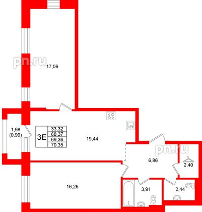 Квартира в ЖК Кольские огни, 2 комнатная, 69.36 м², 10 этаж