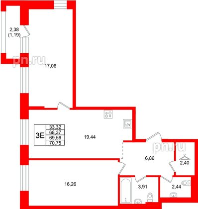 Квартира в ЖК Кольские огни, 2 комнатная, 69.56 м², 13 этаж