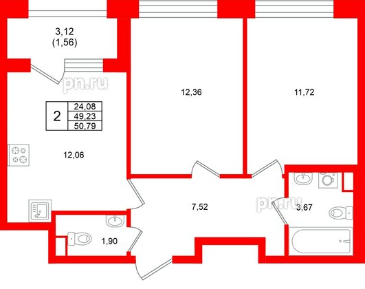 Квартира в ЖК Аурум, 2 комнатная, 50.79 м², 3 этаж