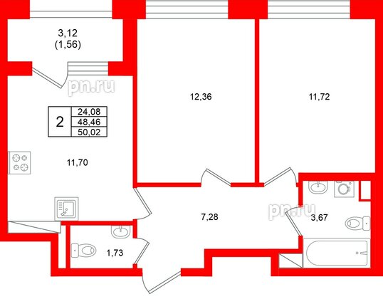 Квартира в ЖК Аурум, 2 комнатная, 50.02 м², 7 этаж