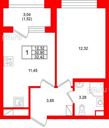 Квартира в ЖК «Аурум», 1 комнатная, 32.42 м², 14 этаж