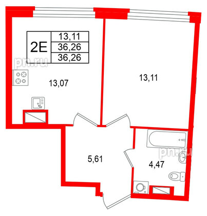 Квартира в ЖК Аквилон Riva, 1 комнатная, 36.26 м², 7 этаж
