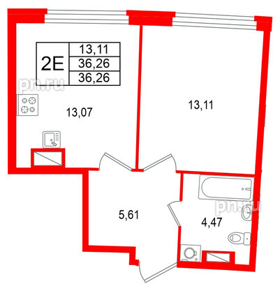 Квартира в ЖК Аквилон Riva, 1 комнатная, 36.26 м², 15 этаж