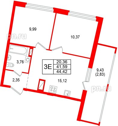 Квартира в ЖК «Аквилон Рива», 2 комнатная, 44.42 м², 10 этаж
