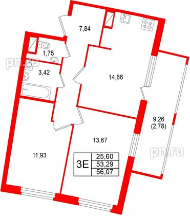 Квартира в ЖК «Аквилон Рива», 2 комнатная, 56.07 м², 13 этаж