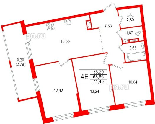 Квартира в ЖК «Аквилон Рива», 3 комнатная, 71.45 м², 15 этаж