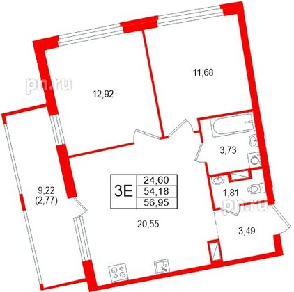 Квартира в ЖК «Аквилон Рива», 2 комнатная, 56.95 м², 12 этаж