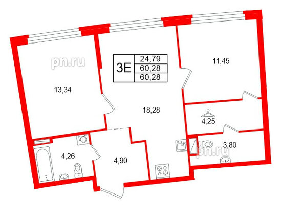 Квартира в ЖК Аквилон Riva, 2 комнатная, 60.28 м², 13 этаж