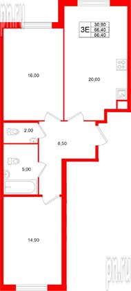 Квартира в ЖК Клюква.Парк, 2 комнатная, 66.4 м², 2 этаж
