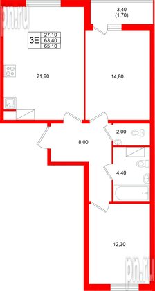 Квартира в ЖК Клюква.Парк, 2 комнатная, 65.1 м², 6 этаж