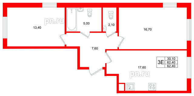 Квартира в ЖК Клюква.Парк, 2 комнатная, 62.4 м², 2 этаж