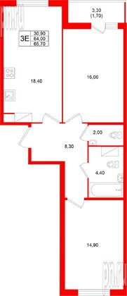 Квартира в ЖК Клюква.Парк, 2 комнатная, 65.7 м², 9 этаж