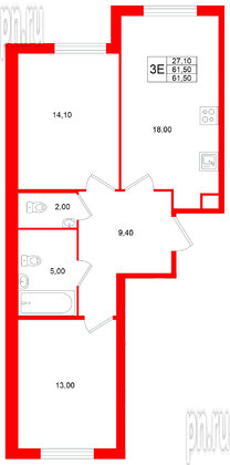 Квартира в ЖК Клюква.Парк, 2 комнатная, 61.5 м², 2 этаж