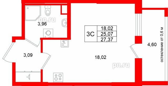 Квартира в ЖК «Город звёзд», студия, 25.07 м², 2 этаж