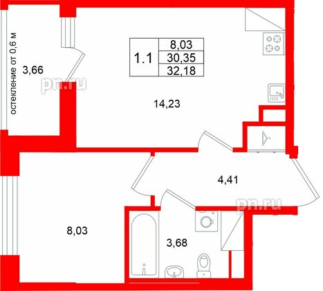 Квартира в ЖК «Город звёзд», 1 комнатная, 30.35 м², 23 этаж