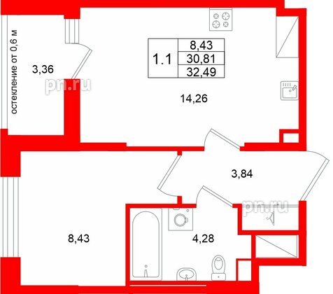 Квартира в ЖК «Город звёзд», 1 комнатная, 30.81 м², 7 этаж