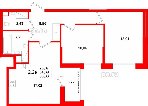 Квартира в ЖК «Город звёзд», 2 комнатная, 54.69 м², 7 этаж