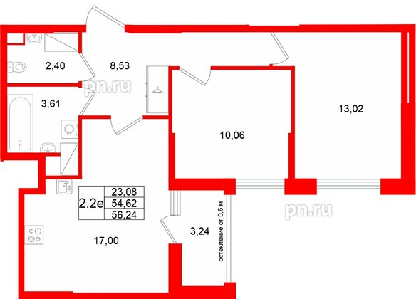 Квартира в ЖК «Город звёзд», 2 комнатная, 54.62 м², 6 этаж