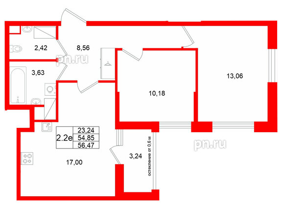 Квартира в ЖК «Город звёзд», 2 комнатная, 54.85 м², 14 этаж