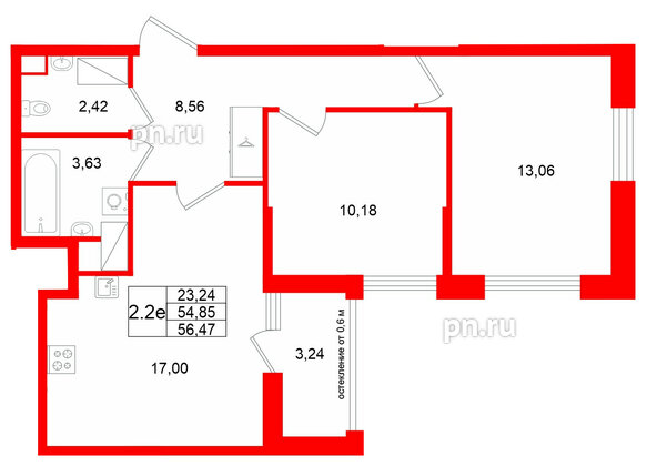 Квартира в ЖК «Город звёзд», 2 комнатная, 54.85 м², 23 этаж