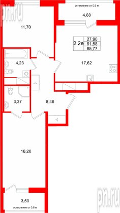 Квартира в ЖК «Город звёзд», 2 комнатная, 61.58 м², 4 этаж
