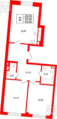 Квартира в ЖК «Кронфорт», 2 комнатная, 65.28 м², 1 этаж