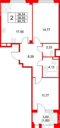 Квартира в ЖК «Кронфорт», 2 комнатная, 60.75 м², 2 этаж