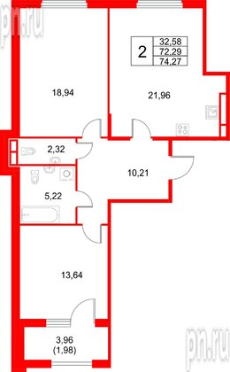 Квартира в ЖК «Кронфорт», 2 комнатная, 74.27 м², 3 этаж