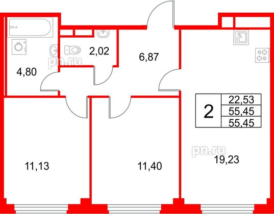 Квартира в ЖК «Кронфорт», 2 комнатная, 55.45 м², 3 этаж