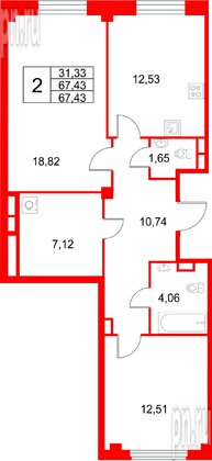 Квартира в ЖК «Кронфорт», 2 комнатная, 67.43 м², 1 этаж