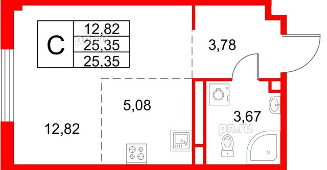 Квартира в ЖК «Кронфорт», студия, 25.35 м², 4 этаж