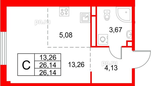 Квартира в ЖК «Кронфорт», студия, 26.14 м², 4 этаж