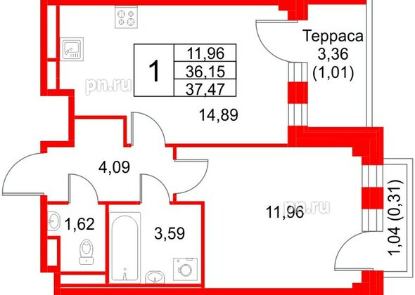 Квартира в ЖК Кронфорт, 1 комнатная, 37.47 м², 4 этаж