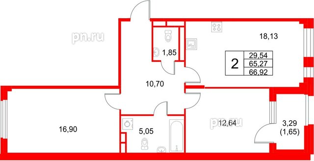 Квартира в ЖК Кронфорт, 2 комнатная, 66.92 м², 2 этаж