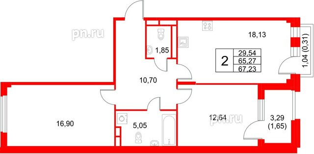 Квартира в ЖК Кронфорт, 2 комнатная, 67.23 м², 3 этаж