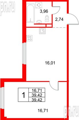 Квартира в ЖК Кронфорт, 1 комнатная, 39.42 м², 1 этаж