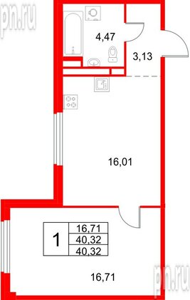 Квартира в ЖК Кронфорт, 1 комнатная, 40.32 м², 2 этаж