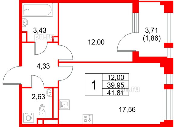 Квартира в ЖК Кронфорт, 1 комнатная, 41.81 м², 2 этаж