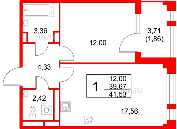 Квартира в ЖК Кронфорт, 1 комнатная, 41.53 м², 3 этаж