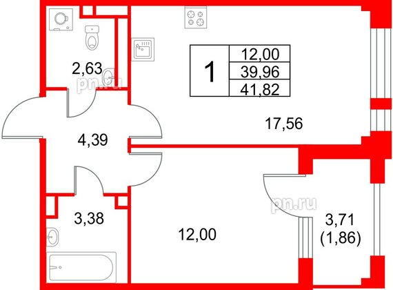Квартира в ЖК Кронфорт, 1 комнатная, 41.82 м², 2 этаж