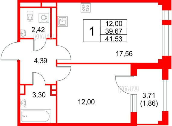 Квартира в ЖК Кронфорт, 1 комнатная, 41.53 м², 3 этаж