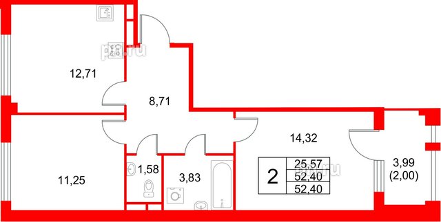 Квартира в ЖК «Кронфорт», 2 комнатная, 54.4 м², 1 этаж