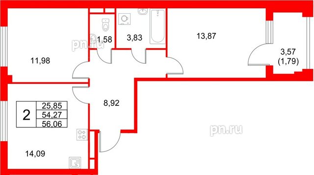 Квартира в ЖК «Кронфорт», 2 комнатная, 56.06 м², 1 этаж