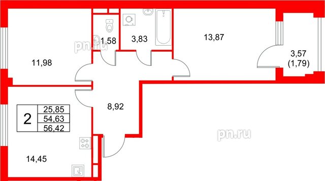 Квартира в ЖК «Кронфорт», 2 комнатная, 56.42 м², 4 этаж